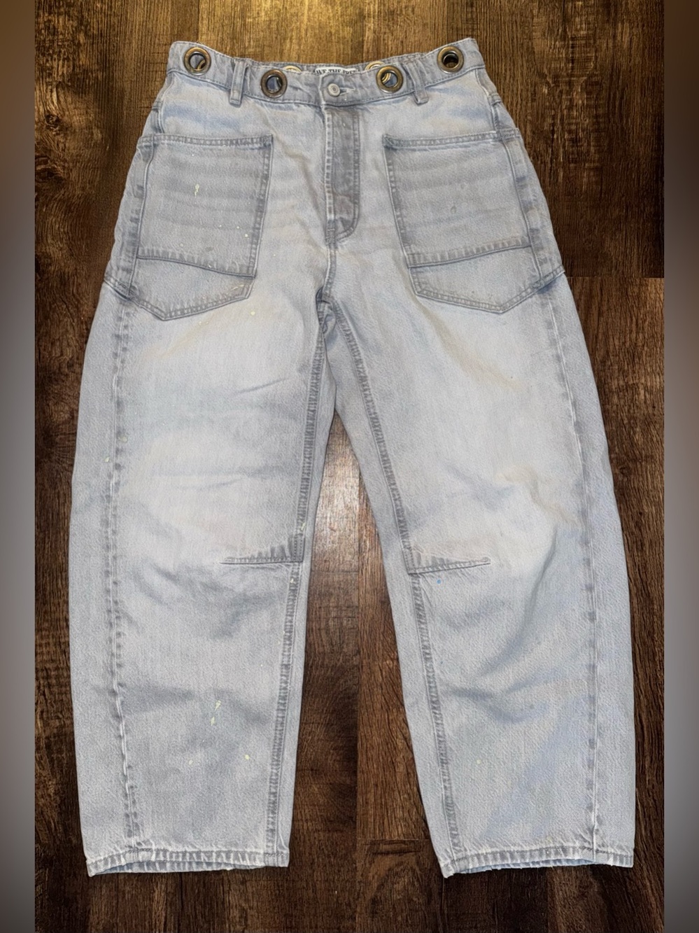We The Free Moxie Barrel Jeans in Light gray with paint splatter